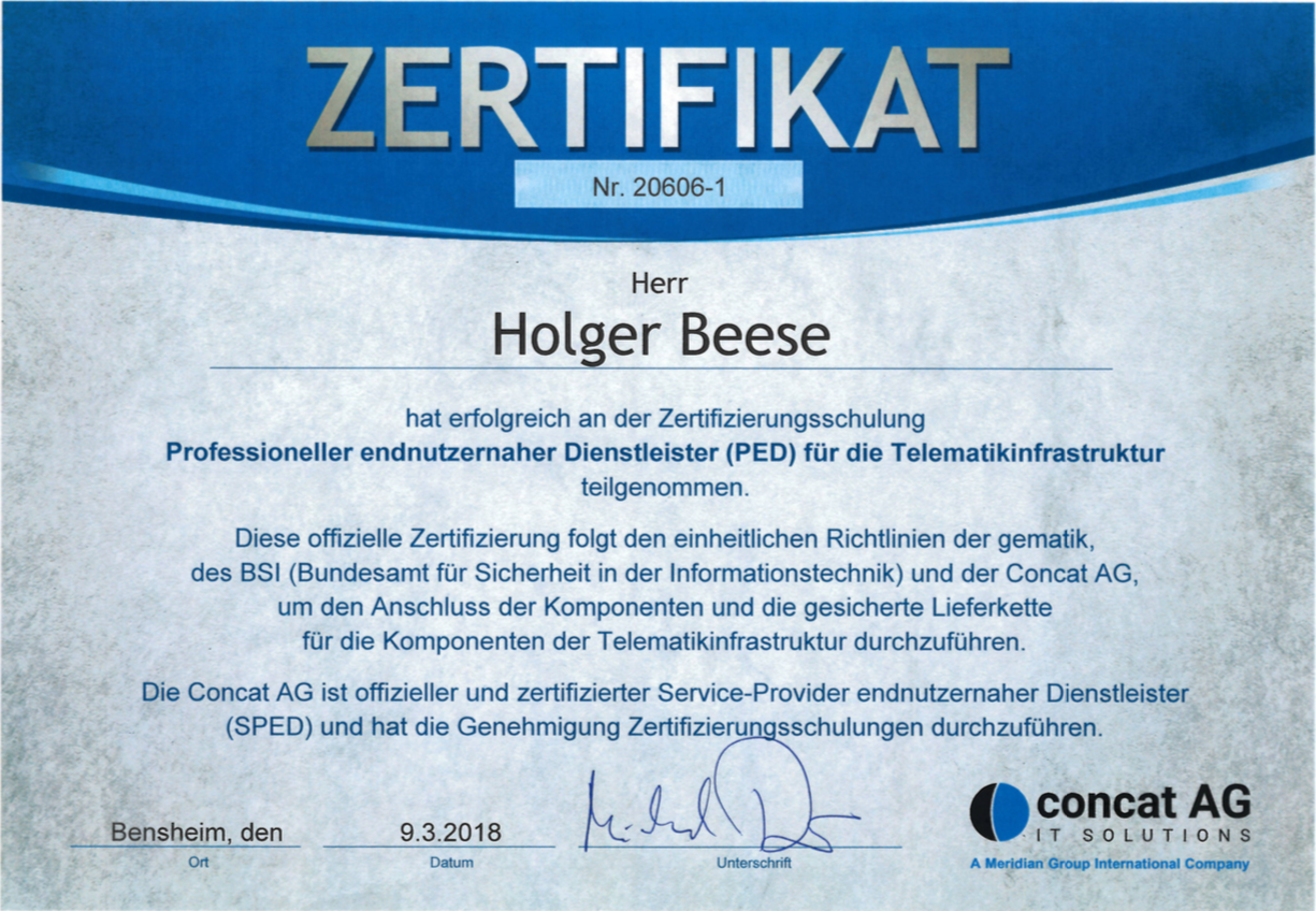Zertifikat PED Dipl.Inf. Holger Beese